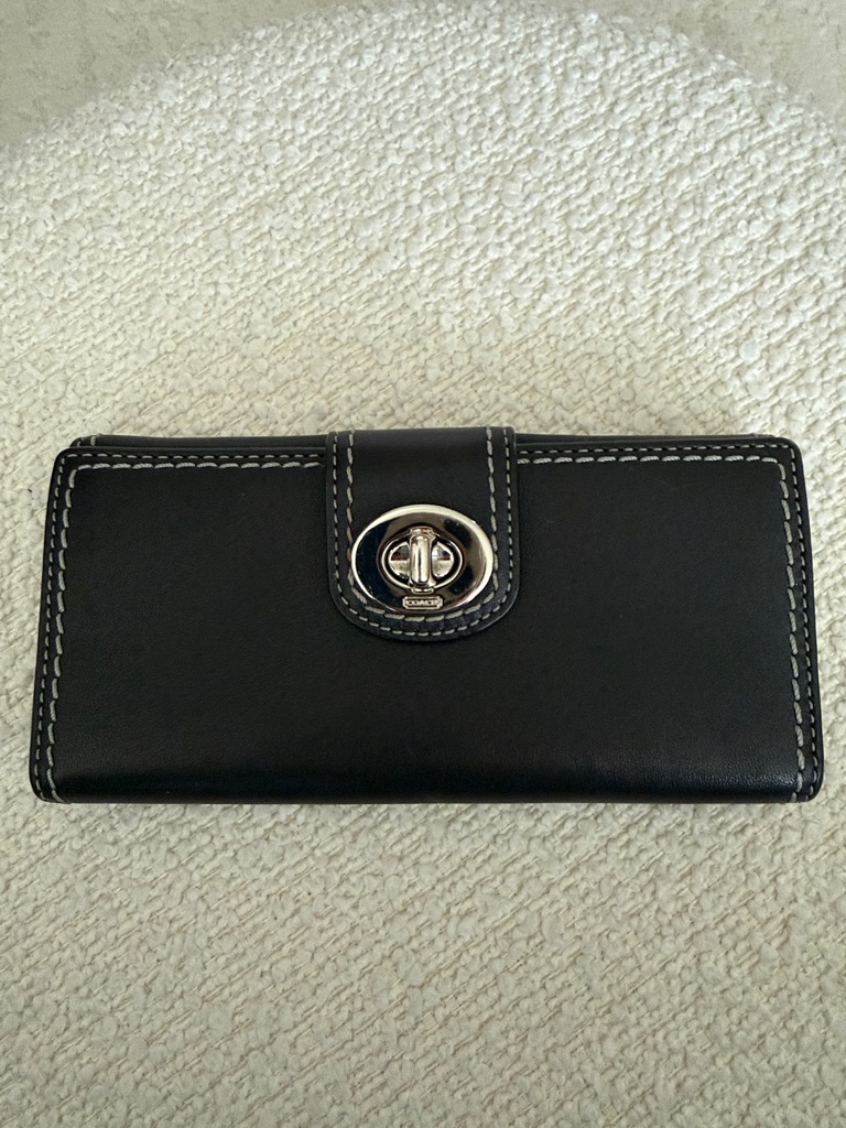 Coach Black Leather Turnlock Continental Wallet With White Stitching